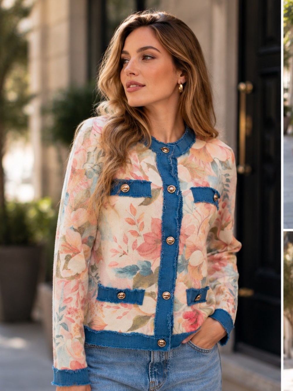 FROM PARIS FRANCE Floral Patterned Jacket with Blue Accents